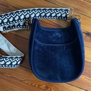 Ah- adorned- Navy velvet Blue Crossbody Bag with Patterned Strap